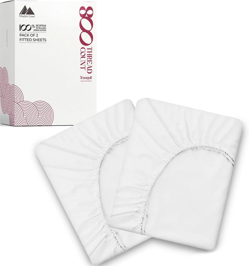 Mayfair Pack of 2 Egyptian Cotton Deep Pocket Full Fitted Sheet - Luxury 800 Thread Count Full Fitted Sheet Only (White), Soft Cooling Hotel Collection Bottom Sheets, Fits Upto 18" Mattress - Image 1
