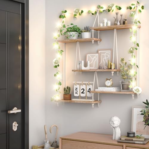 FKSLIFE Hanging Shelves for WallMacrame Hanging Plant Shelf with Vine Lights 5 Tier Rope Floating Shelf Wood Organizer Storage Rack Boho Wall Decor Aesthetic for Succulents Bedroom Bathroom Kitchen - Image 3