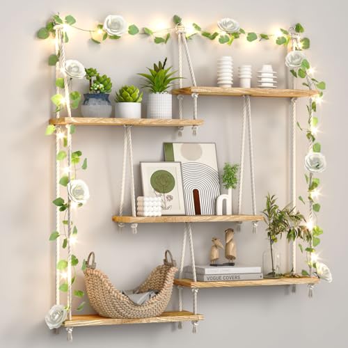 FKSLIFE Hanging Shelves for WallMacrame Hanging Plant Shelf with Vine Lights 5 Tier Rope Floating Shelf Wood Organizer Storage Rack Boho Wall Decor Aesthetic for Succulents Bedroom Bathroom Kitchen - Image 1