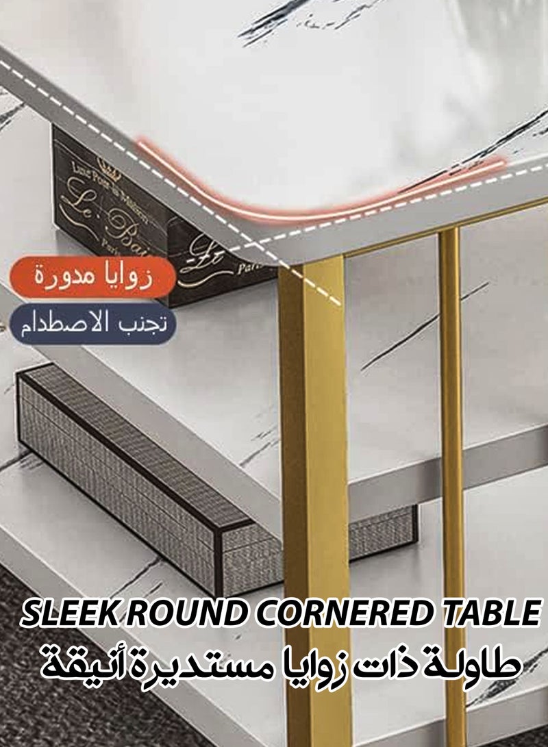 دي بلو طاولة قهوة مستطيلة فاخرة من الرخام الصناعي بثلاث طبقات، طاولة وسط عصرية مع إطار بلمسة ذهبية. ثلاث طبقات لتخزين غرفة المعيشة أو المكتب أو غرفة النوم. ديكور منزلي وأثاث بزاويا مستديرة  - Image 2
