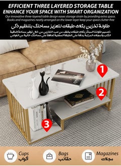 DBLEW Luxurious Faux Marble Rectangle Coffee Table 3 Tier Modern Centre Cocktail Table with Gold Finish Frame 3 Layer Living Room Office Bedroom Storage Home Decoration Furniture Rounded Corners Accent  - Image 3