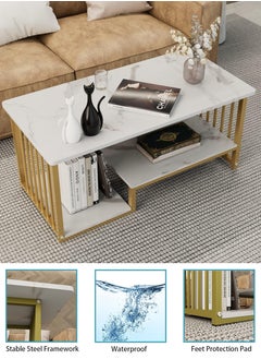 DBLEW Luxurious Faux Marble Rectangle Coffee Table 3 Tier Modern Centre Cocktail Table with Gold Finish Frame 3 Layer Living Room Office Bedroom Storage Home Decoration Furniture Rounded Corners Accent  - Image 5