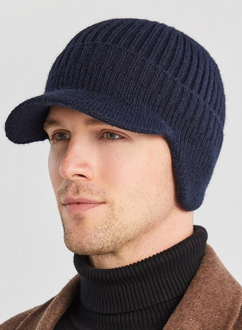 Joychic Men's Winter Visor Beanie Hat with Earflaps Knit Baseball Cap with Brim Ski Hat Warm Fleece Lined Hunting Hat Navy Blue - Image 1
