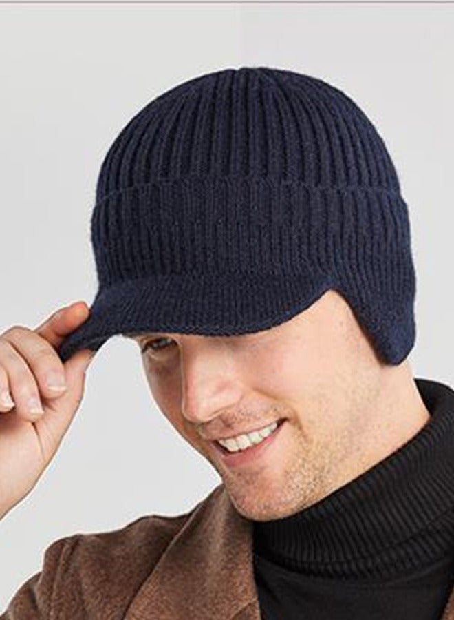 Joychic Men's Winter Visor Beanie Hat with Earflaps Knit Baseball Cap with Brim Ski Hat Warm Fleece Lined Hunting Hat Navy Blue - Image 3