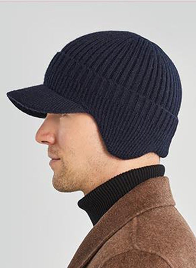 Joychic Men's Winter Visor Beanie Hat with Earflaps Knit Baseball Cap with Brim Ski Hat Warm Fleece Lined Hunting Hat Navy Blue - Image 2