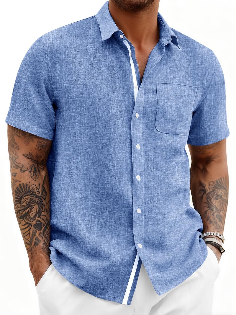 Runcati Mens Linen Button Down Shirts Casual Short Sleeve Shirt Summer Beach Wedding Tops with Pocket - Image 1
