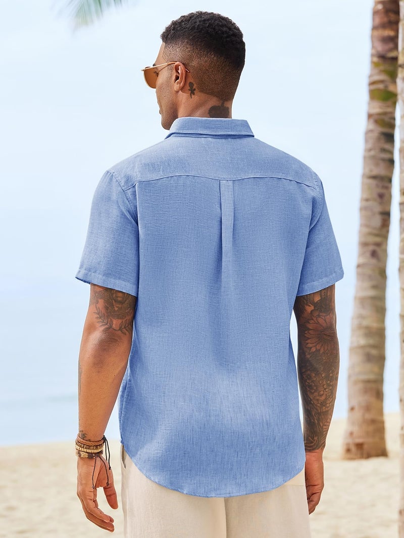 Runcati Mens Linen Button Down Shirts Casual Short Sleeve Shirt Summer Beach Wedding Tops with Pocket - Image 3