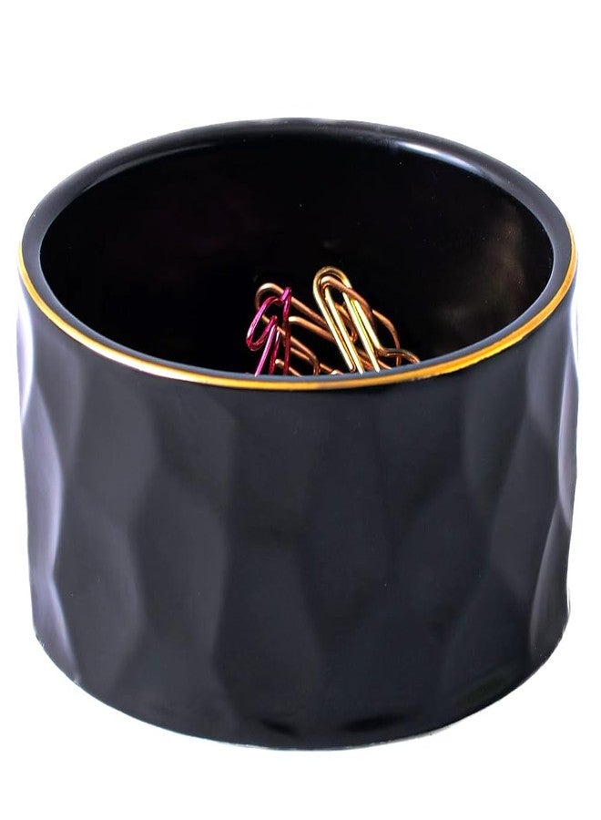 YOSCO Paper Clip Holder Ceramic Round Paper Clips Dispenser for Desk Cute,Gold Line Office Binder Clips Dispenser Organizer (Black-01) - Image 4