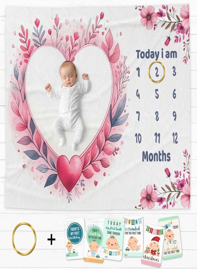 فريدو بطانية أطفال قطنية من فريدو مع دعائم لجلسة تصوير شهرية، قماط ناعم للأطفال حديثي الولادة مع بطاقات من 1 إلى 12 شهرًا، بطانية غرفة مكيفة للاستخدام الصيفي/الشتوي/متعددة الاستخدامات (لون وردي على شكل قلب) - Image 2