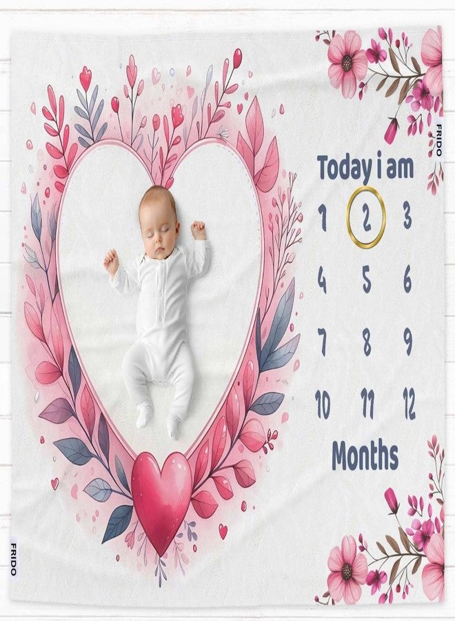 فريدو بطانية أطفال قطنية من فريدو مع دعائم لجلسة تصوير شهرية، قماط ناعم للأطفال حديثي الولادة مع بطاقات من 1 إلى 12 شهرًا، بطانية غرفة مكيفة للاستخدام الصيفي/الشتوي/متعددة الاستخدامات (لون وردي على شكل قلب) - Image 1