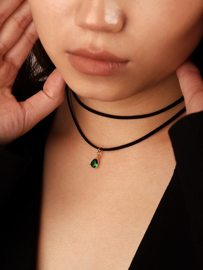 Sacina Boho Gothic Layered Black Choker Necklace, Green Teardrop Chocker, Black Choker, Gothic Goth Boho Necklace, Halloween Christmas Jewelry Gift For Women - Image 3