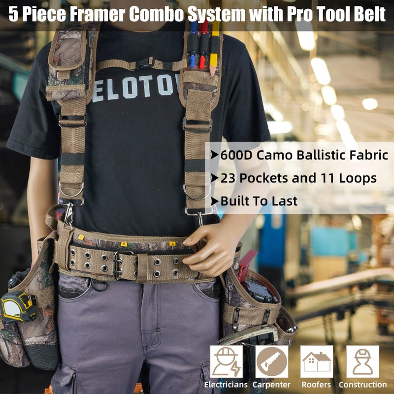 MELOTOUGH Camo Tool Belt with Suspenders Camouflage Tool Bag Supenders Framers Comb Apron Tool Belt Construction Tool Pouch Suspenders Heavy Duty Carpenter Suspension Rig for Electrician - Image 4