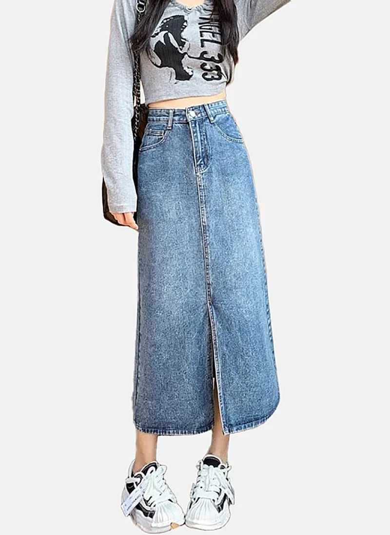 YUNIQEE Blue Slit Solid Midi Skirt