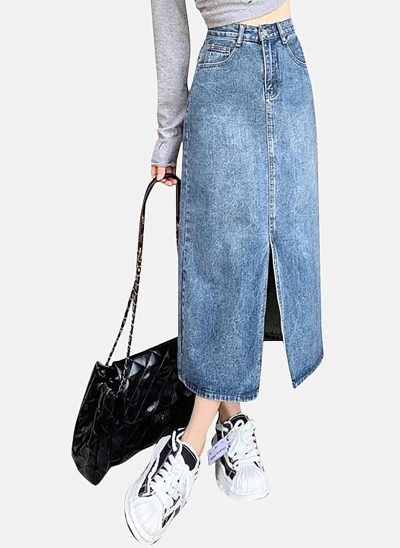 YUNIQEE Blue Slit Solid Midi Skirt