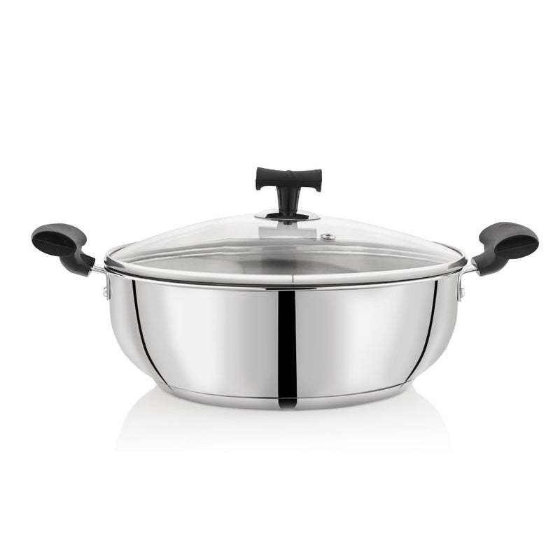 DONIV DONIV Solitaire Stainless Steel Sandwich Bottom Kadai with Glass Lid, 26 cm/4 LTR Capacity, Heavy Bottom & Cool Touch Bakelite Handles, Cookware Kadai, Induction Friendly, 5 Years Warranty, Pack of 1 - Image 3