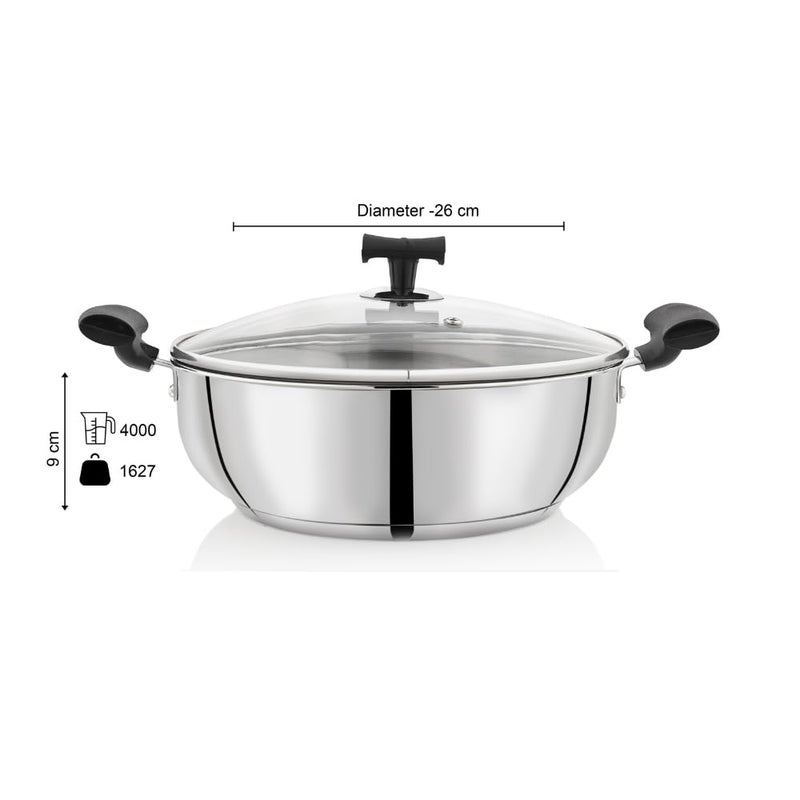 DONIV DONIV Solitaire Stainless Steel Sandwich Bottom Kadai with Glass Lid, 26 cm/4 LTR Capacity, Heavy Bottom & Cool Touch Bakelite Handles, Cookware Kadai, Induction Friendly, 5 Years Warranty, Pack of 1 - Image 5