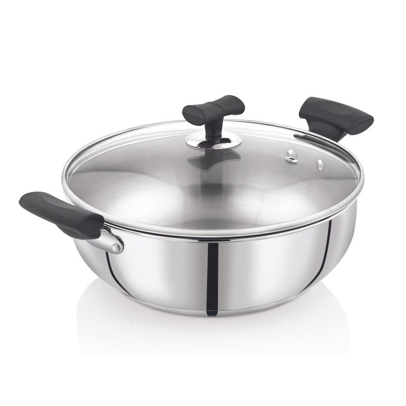 DONIV DONIV Solitaire Stainless Steel Sandwich Bottom Kadai with Glass Lid, 26 cm/4 LTR Capacity, Heavy Bottom & Cool Touch Bakelite Handles, Cookware Kadai, Induction Friendly, 5 Years Warranty, Pack of 1 - Image 1