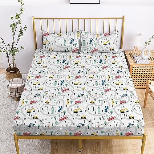 Yasida Car Sheet Sets for Kids Cute Cartoon Truck Bed Queen Size Fitted Sheets Boys 3D Plants Print Bedding Set Soft Microfiber Bedroom Decor(3pc) - Image 1