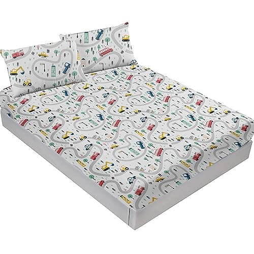 Yasida Car Sheet Sets for Kids Cute Cartoon Truck Bed Queen Size Fitted Sheets Boys 3D Plants Print Bedding Set Soft Microfiber Bedroom Decor(3pc) - Image 2