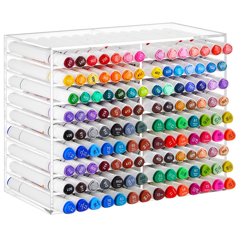 MotiMind Acrylic Marker Organizer for 126 Marker, Large Art Pencil Holder Storage Rack for Desk, Pens Art Brushes Display Stand with 18 Compartments for Desktop, Office (clear, 126 Capacity)