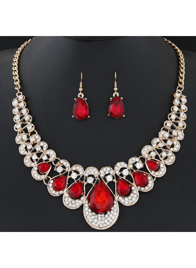 NIBEMINENT European and American Fashion Metallic Sparkling Gemstone Necklace and Earring Set (Droplet)