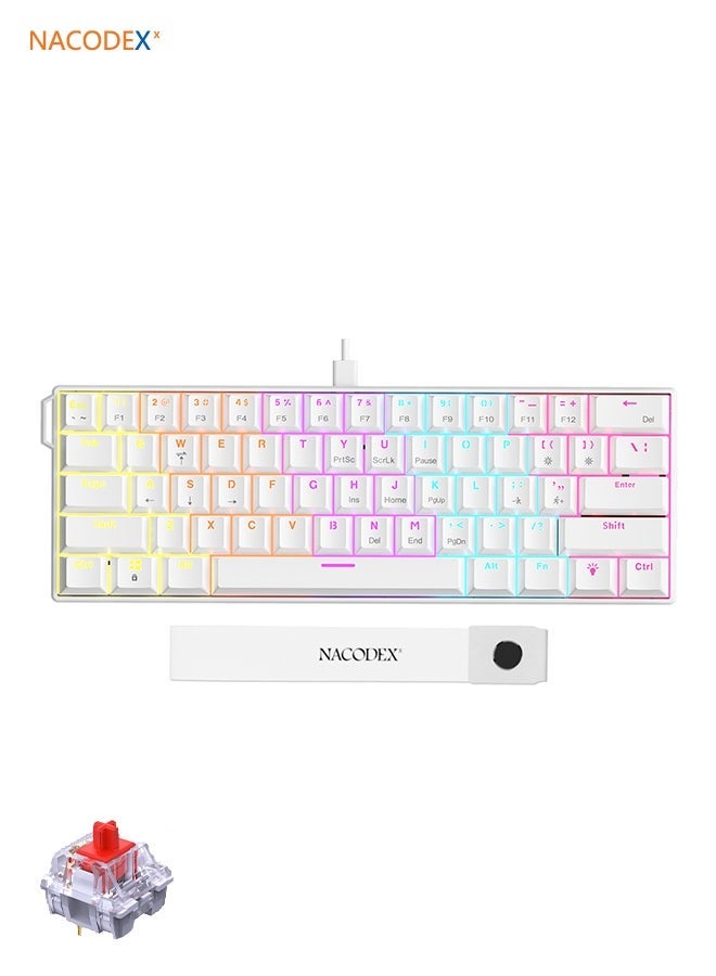 Nacodex NK61 Red Switches, Mechanical Gaming Keyboard, Hot-Swappable, 60% Mini Version, Detachable USB Cable, 525 grams, Full Anti-Ghosting, Silent RGB Lighting, Suitable for PC/PS4/Xbox Players, Mac White - Image 1