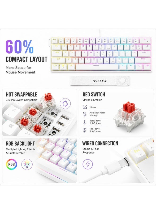 Nacodex NK61 Red Switches, Mechanical Gaming Keyboard, Hot-Swappable, 60% Mini Version, Detachable USB Cable, 525 grams, Full Anti-Ghosting, Silent RGB Lighting, Suitable for PC/PS4/Xbox Players, Mac White - Image 3