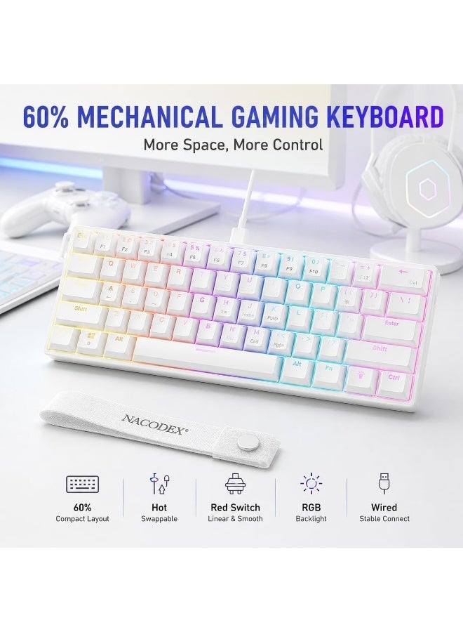 Nacodex NK61 Red Switches, Mechanical Gaming Keyboard, Hot-Swappable, 60% Mini Version, Detachable USB Cable, 525 grams, Full Anti-Ghosting, Silent RGB Lighting, Suitable for PC/PS4/Xbox Players, Mac White - Image 2