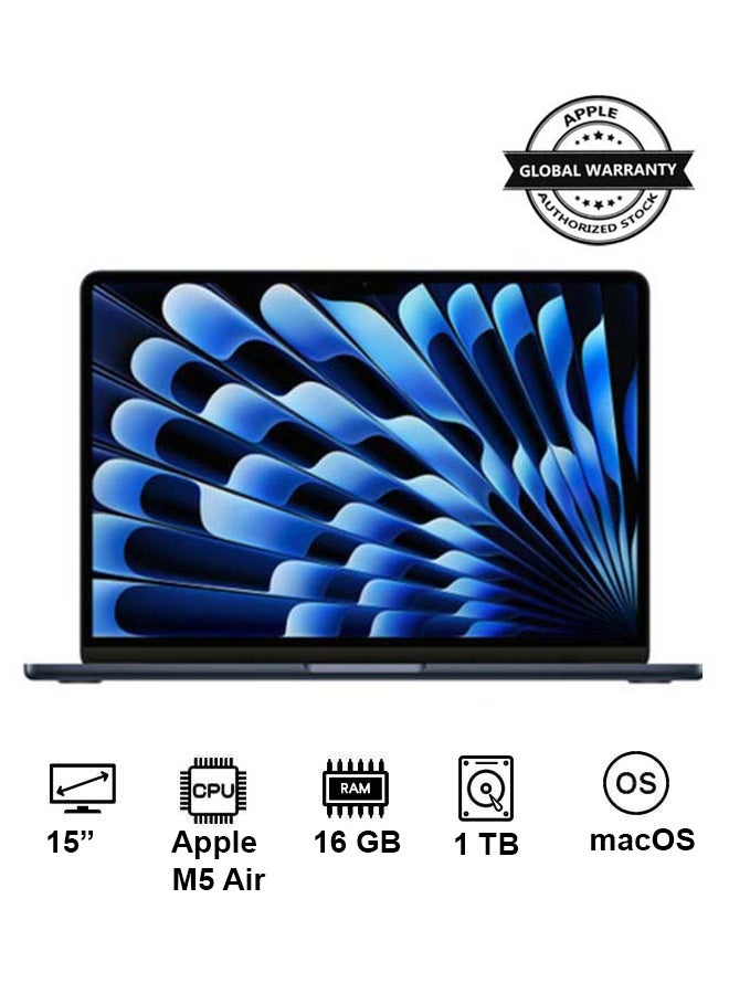 New 2026 MacBook Air MDVK4 | 15 Inch Display | Apple M5 Air | 10-Core CPU 10-Core GPU | 16GB RAM | 1TB SSD | macOS | English And Arabic Keyboard | Midnight