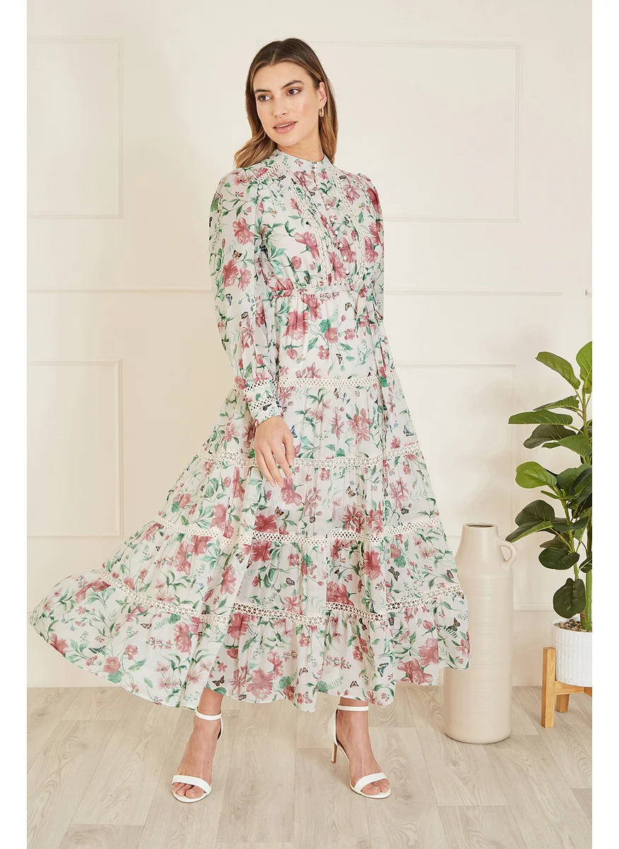 يامي Butterfly Floral Tiered Long Sleeve High Neck Maxi Dress