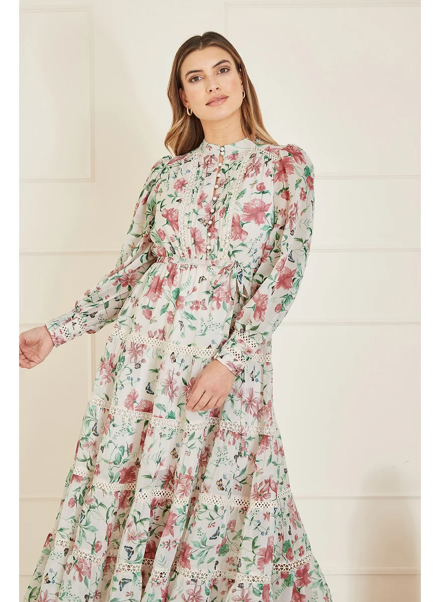 يامي Butterfly Floral Tiered Long Sleeve High Neck Maxi Dress