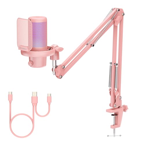 FEELWORLD VM1 Pink Gaming PC USB Microphone Condenser Mic with Noise Cancellation Mute RGB Light Computer Accessories Gifts for Gamer YouTube Twitch Podcast Streaming Recording Online Chat PS4 PS5 - Image 1