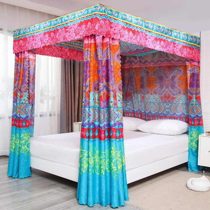 BOHEMIAN 4 CORNER POST BED CURTAIN CANOPY BED CURTAIN DRAPES FOR ADULTS GIRLS QUEEN RED
