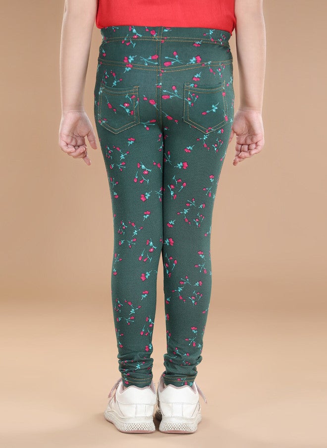 StyleStone Girls Green Floral Printed Cotton Jeggings - Image 3
