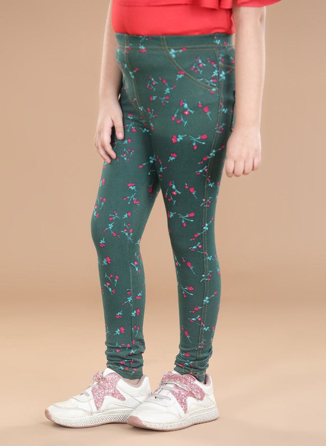 StyleStone Girls Green Floral Printed Cotton Jeggings - Image 2