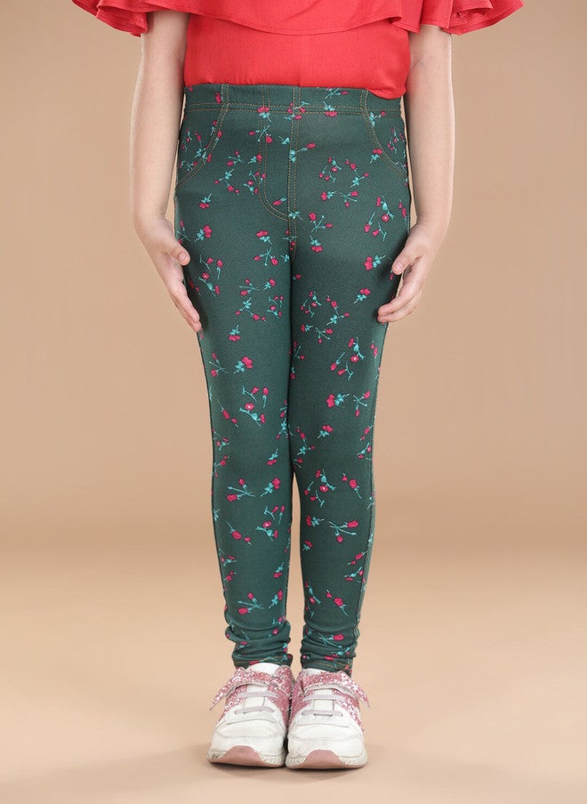 StyleStone Girls Green Floral Printed Cotton Jeggings - Image 1