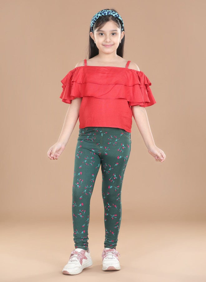 StyleStone Girls Green Floral Printed Cotton Jeggings - Image 4