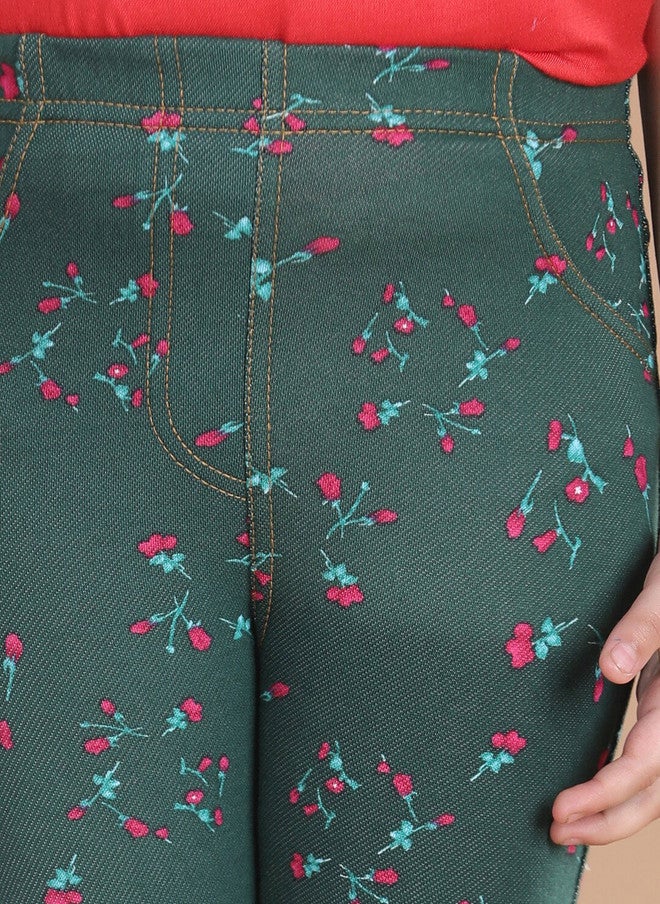 StyleStone Girls Green Floral Printed Cotton Jeggings - Image 5