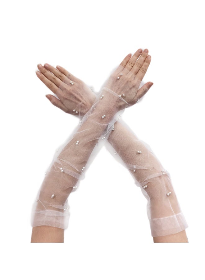 Women Sheer Long Gloves Pearl Mesh Tulle Sheer Gloves Wedding Bridal Gloves  - Image 1
