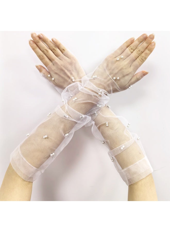Women Sheer Long Gloves Pearl Mesh Tulle Sheer Gloves Wedding Bridal Gloves  - Image 2