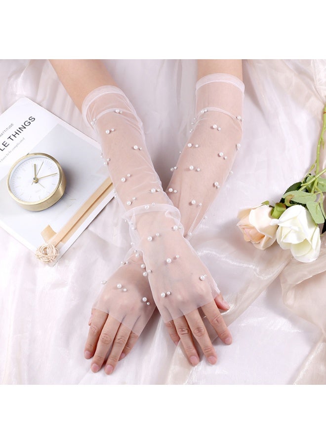 Women Sheer Long Gloves Pearl Mesh Tulle Sheer Gloves Wedding Bridal Gloves  - Image 5