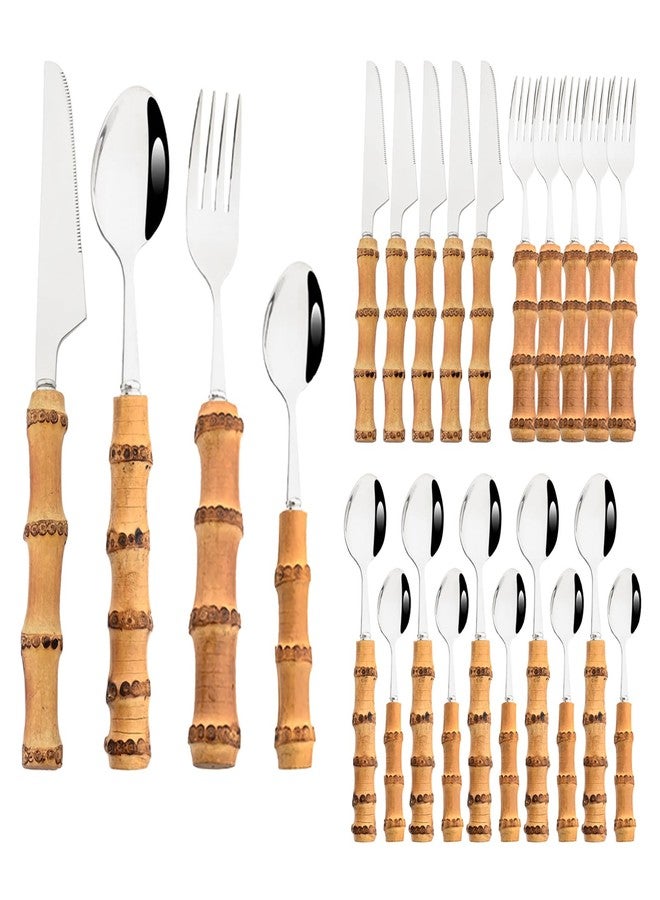 Snplowum 24-PIECE Silver Polish Flatware Set With Natural Bamboo Handle, Basic Chinoiserie Tableware Set For Daily Dining And Kitchen, Service for 6 - Image 1