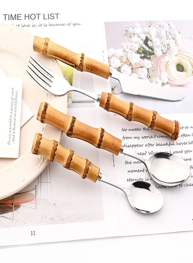 Snplowum 24-PIECE Silver Polish Flatware Set With Natural Bamboo Handle, Basic Chinoiserie Tableware Set For Daily Dining And Kitchen, Service for 6 - Image 2