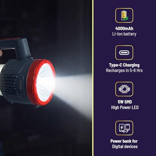 Lexton Omni Plus Rechargeable Torch Cum Lantern | 4000mAh Li-ion Battery | 5W High Power SMD LED Torch | Type-C Charging | Dual Switch Design | Power Bank Function for Digital Device | Long Runtime - Image 4