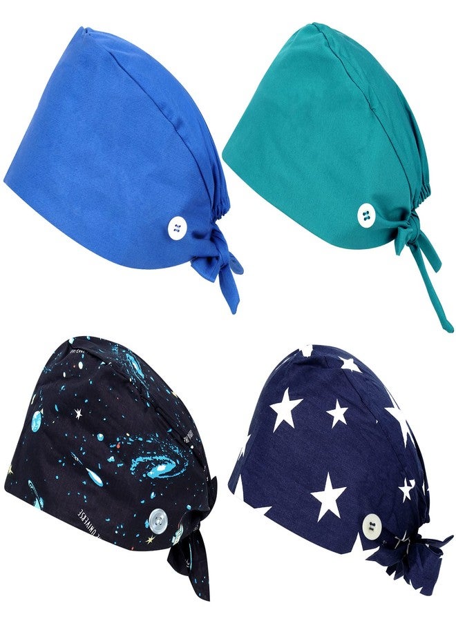 Fanadith Surgical Cap, Scrub Caps with Buttons, 4PCS Ponytail Nurse Caps, Adjustable Scrub Hats for Women Men Blue - Image 1