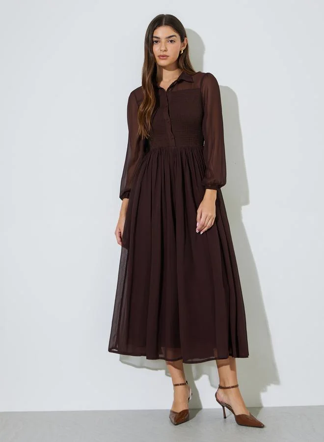 Brown Solid Ruched Detail Shirt Maxi Dress with Long Sleeves