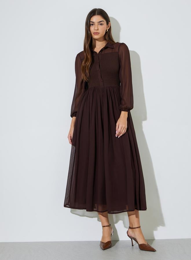 Styli Brown Solid Ruched Detail Shirt Maxi Dress with Long Sleeves - Image 1