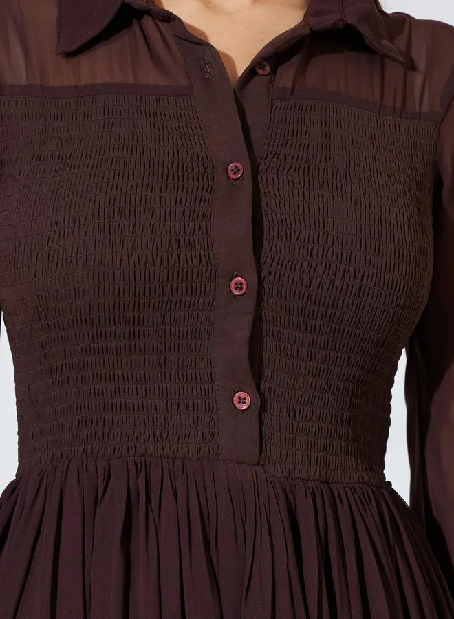 Styli  Brown Solid Ruched Detail Shirt Maxi Dress with Long Sleeves for Women | Best Price UAE