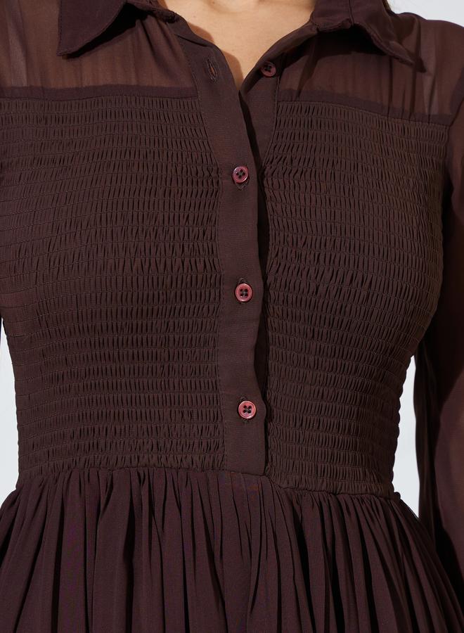 Styli Brown Solid Ruched Detail Shirt Maxi Dress with Long Sleeves - Image 4