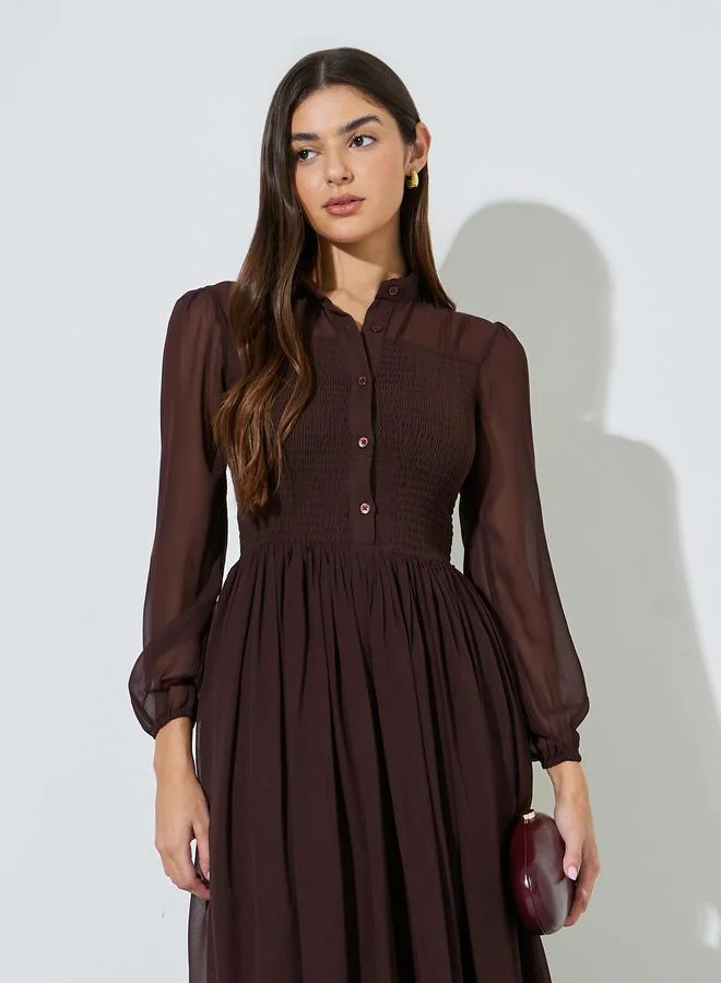 Styli  Brown Solid Ruched Detail Shirt Maxi Dress with Long Sleeves for Women | Best Price UAE